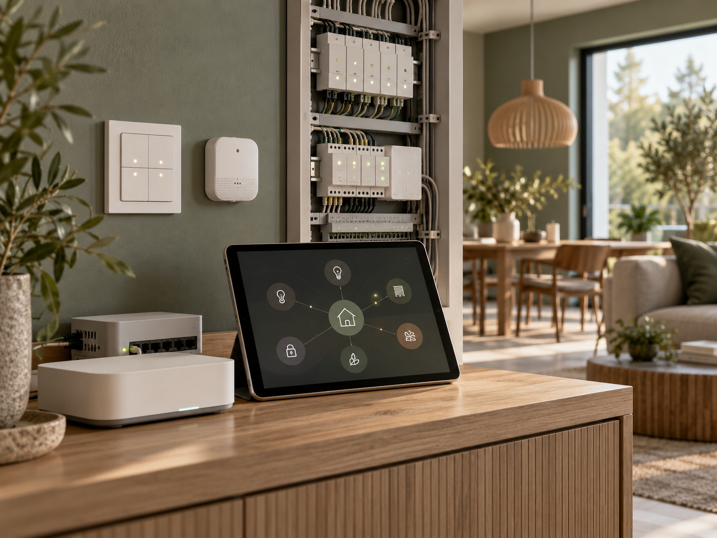 Smarthemssystem med styrmoduler, nätverksutrustning, väggsensor och kontrollpanel