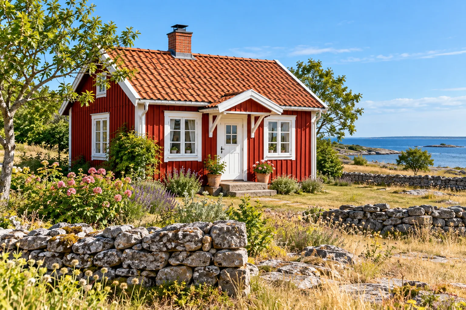 Ett rött fritidshus vid kusten på Öland